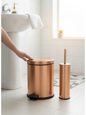 PremiumPort Mat Bakır Çöp Kovası ve Klozet Fırçası Seti, Şık ve Dayanıklı Tasarım