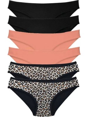 Modenya 6 Adet Likralı Kadın Slip Külot Leopar Siyah Pudra