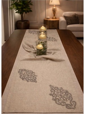 Osmanlı Barok Desenli 1 Adet Keten Runner; Masa Örtüsü 38X140 Vintage,özelgün,günlük Kullanım