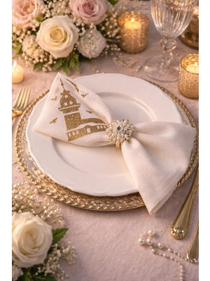 6 Lı Kızkulesi Desenli Gold Sim Dokulu Krem Keten Peçete– 34X34 cm Davet Sofrası Masa Peçetesi Seti