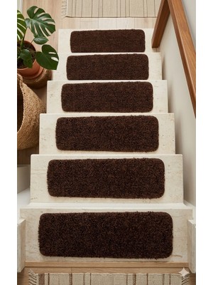 Eurobano Shaggy Koyu Kahverengi 15 Adet Merdiven Halısı 22X67 cm Lateks Kaymaz Taban Makinede Yıkanabilir