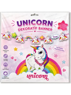 Dizayn Parti Evi Dzyn Unicorn Dekoratif Banner – Unicorn Temalı Doğum Günü Parti Süsü Banner