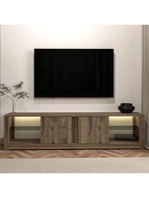 İnarch Dizayn Aydos LED Işıklı Modern TV Sehpası – Cam Raflı, 2 Kapaklı, 180 cm, Antik Ceviz