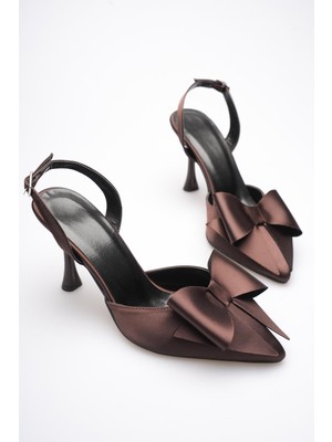 Zerenyus Dublin Premium Acı Kahve Fiyonklu Saten Slingback Topuklu Ayakkabı