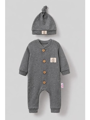 Bubito Unisex Tahta Düğme Görselli Şapkalı Waffle Bebek Tulum - Gri