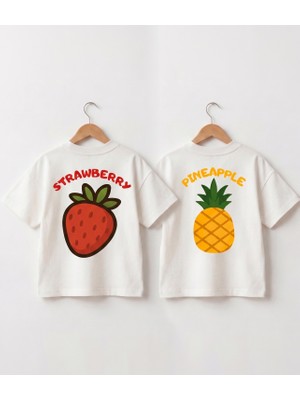 Babytex 2’li Oversize Tişört Seti Meyve Baskılı Ön Arka Desenli Pamuklu Rahat Kalıp (Ananas & Çilek)