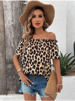 Stelol Kadın Madonna Yaka Fırfırlı Leopar Desenli Mikro Kumaş Bluz