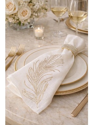 6’lı Gold Tüy Desenli Taş Işlemeli Keten Peçete – 34X34 cm Davet ve Nişan Sofrası Masa Peçetesi