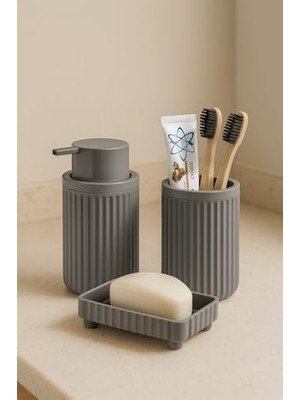 Enyaza Home Serisi Gri Banyo Seti, 3 Parça Oval Akrilik Sabunluk Fırçalık ve Sıvı Sabunluk Takımı - 3319