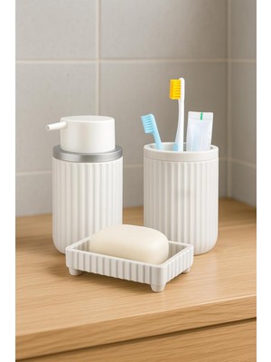 Enyaza Home Serisi Beyaz Banyo Seti, 3 Parça Oval Akrilik Sabunluk Fırçalık ve Sıvı Sabunluk Takımı - 3319