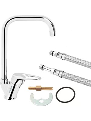 Enyaza Home Soğuk Çift Su Girişli Köşe Borulu Mutfak Eviye Musluğu Çeşmesi Bataryası