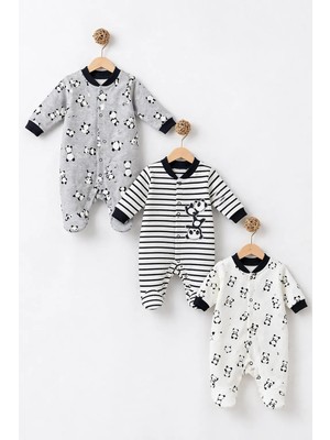 Bubito Panda Desenli Bebek 3'lü Tulum Seti Gri Beyaz Çizgili