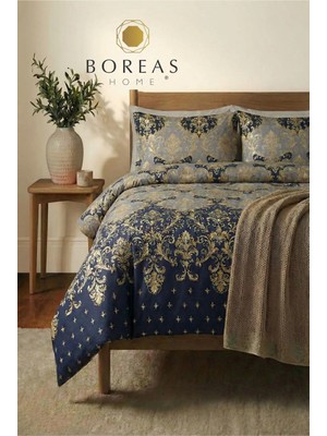 Boreas Home Gülce Desenli Nevresim Takımı Lacivert Pamuklu Lastikli Çarşaf 200 x 240 cm