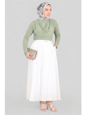 Beyaz Norshen Kadın Kemer Detaylı Dökümlü Etek - Astarlı