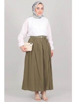 Haki Norshen Kadın Kemer Detaylı Dökümlü Etek - Astarlı