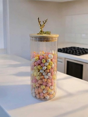 Enyaza Home Yenigeldi (9X20 Cm) 2 Adet Geyikli Cam Saklama Kavanozu Geyik Başı Altın Renk Hava Geçirmez Y-442,ŞEFFAF