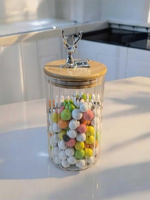 Enyaza Home Yenigeldi (9X15 Cm) 1 Adet Geyikli Cam Saklama Kavanozu Geyik Başı Gümüş Renk Hava Geçirmez Y-401,ŞEFFAF
