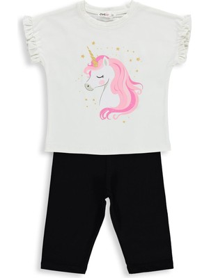 Civil Girls Unicorn Baskılı  2-5 Yaş Takım - Ekru