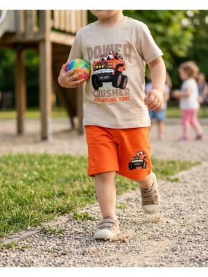 Mutlu Bebe Bulvar Erkek Çocuk Turuncu Monster Truck Araba Baskılı Şort Tişört Takım - %100 Pamuklu Yazlık Set
