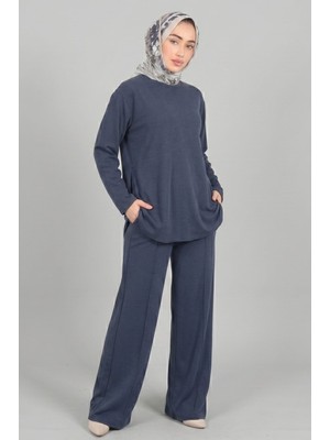 Lacivert Norshen Kadın Yandan Yırtmaç Detaylı Tunik & Bol Paça Pantolon - Takım