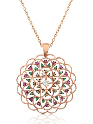 Elwes Gümüş Rose Geometrik Desenli Madalyon Kolye