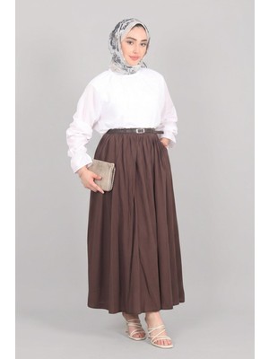 Kahverengi Norshen Kadın Kemer Detaylı Dökümlü Etek - Astarlı