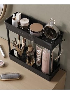 Enyaza Home Rafata Makyaj,takı ve Bakım Ürünleri Organizeri Rafı Standı Iki Katlı Askılı Kozmetik Düzenleyici, Siyah