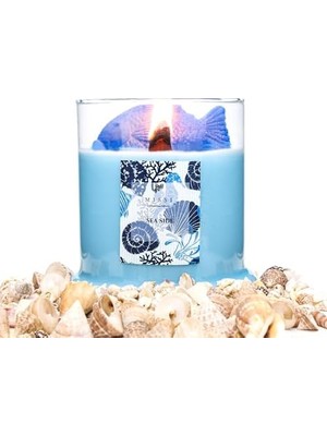 Enyaza Home Missi Büyük Üfleme Cam Balık Dekorlu Açık Mavi Aqua Mediterian Kokulu Vegan Mum (380 Gr)