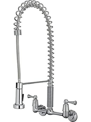 Enyaza Home Tosca 255-K821-T Yükseltilmiş Çift Saplı Ticari Stil Duvara Monte Mutfak Bataryası Aşağı Çekme Nozulu, Krom