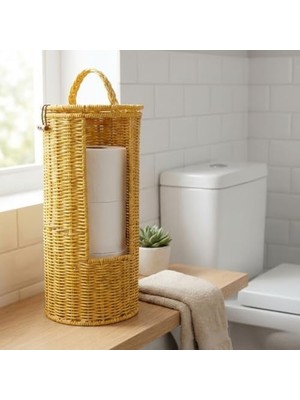 Enyaza Home Buffer Hasır Görünümlü Plastik Tuvalet Kağıdı Standı, Askılı Kapaklı Wc Kağıtlık, Yedekli Banyo Organizer, 37X17 cm