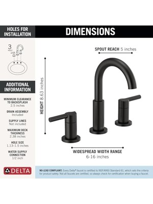 Enyaza Home Nicoli Yaygın Banyo Bataryası 3 Delikli, Mat Siyah Banyo Bataryası, Banyo Lavabo Bataryası, Tahliye Montajı, Mat Siyah 35749LF-BL