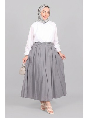 Gri Norshen Kadın Kemer Detaylı Dökümlü Etek - Astarlı