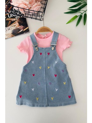 Miniğimin Cicileri Renkli Kalp Işleme Detaylı Kız Bebek Jile Takım - Pembe