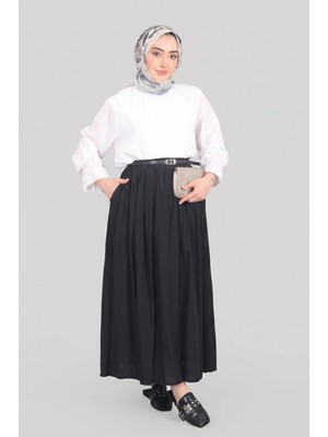 Siyah Norshen Kadın Kemer Detaylı Dökümlü Etek - Astarlı