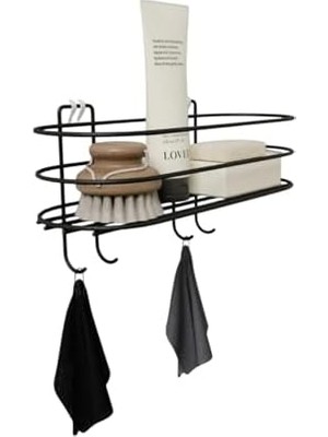 Enyaza Home Yapışkanlı Banyo Mutfak Düzenleyici Oval Düz Banyo Havluluk Rafı Sabunluk Mat Siyah Duş Askısı Raf (Kancalı Oval Raf)