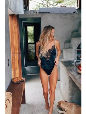 Modenya Kadın Siyah Saten Dantel Işlemli Tulum Gecelik