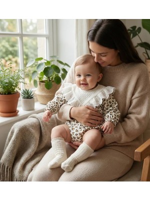 Lenna Baby Dantel Yakalı Leopar Desenli Kız Bebek Tulum & Çorap Seti Romper | %100 Pamuk Uzun Kollu Bebe Body