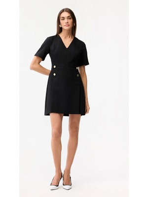 Love My Body V Yaka Kısa Gabardin Elbise Siyah 124L9844000