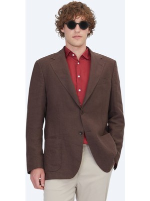 Kip Kahverengi Düz Modern Fit %100 Keten Ceket