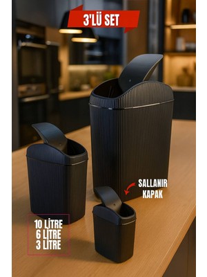 PremiumPort 3'lü Çöp Kovası Seti - Siyah, Çok Amaçlı ve Şık Tasarım
