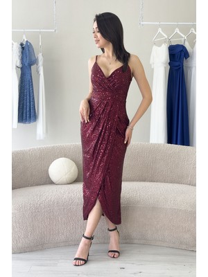 Zks Grup Tekstil-Kadın Askılı Pul Payet Kruvaze Yırtmaçlı Abiye Elbise Bej, Bordo, Saks, Lacivert, Yeşil, Siyah, Kırmızı