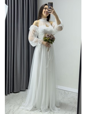 Zks Grup Tekstil-Kadın Tül Drapeli Kloş Abiye Bebe Mavi, Siyah, Beyaz, Saks, Yeşil