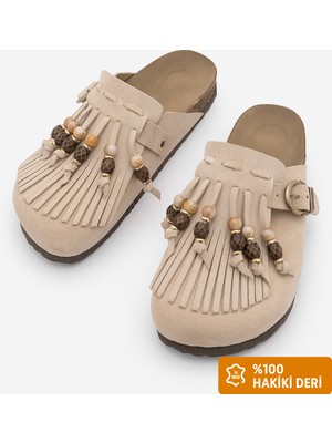 Marjin Kadın Hakiki Deri Eva Taban Püsküllü Önü Kapalı Boncuklu Sabo Günlük Terlik Serloz Bej Süet
