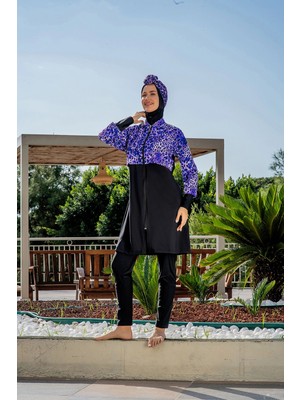 Ruko Maio Kadın Crop Üst Rahat Kesim Lycra(Su Iten Kumaş) Haşema Mor Mayo Takımı