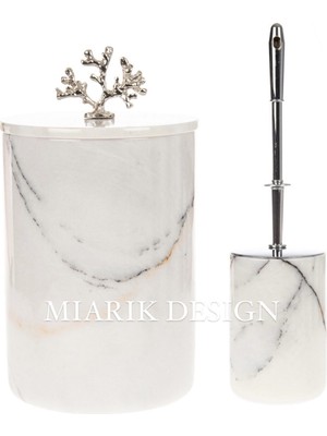 PremiumPort Şık Mermer Görünümlü Çöp Kovası ve Tuvalet Fırçası Takımı