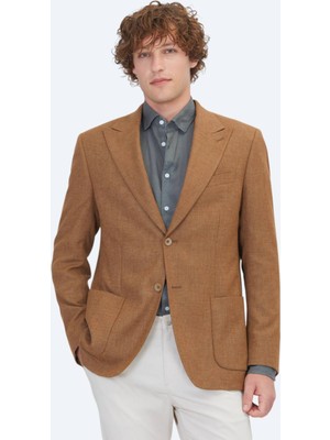 Kip Kahverengi Desenli Modern Fit Keten Karışımlı Ceket