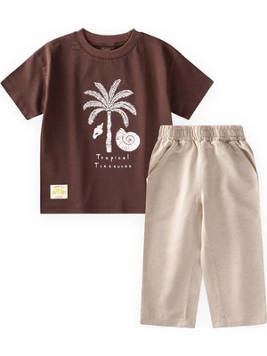 Cigit Keten Pantolon Takım 2-10 Yaş Kahverengi