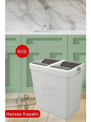 PremiumPort Ikili Gri Çöp Kutusu, Hassas Kapaklı, 80 Lt, Modern ve Pratik Tasarım