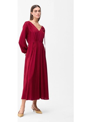 Love My Body Çizgili V Yaka Uzun Elbise Bordo 124L8501002