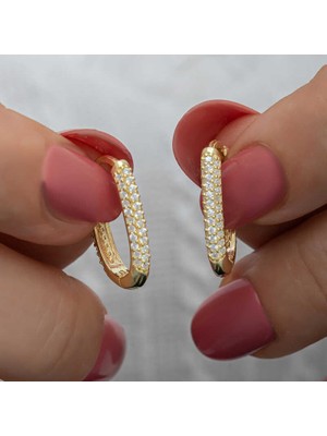 Elwes Gümüş Gold Çift Sıra Beyaz Taşlı J Kadın Küpe